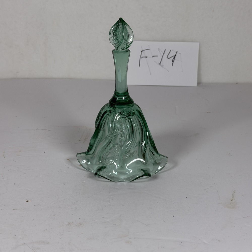 Vintage Fenton Green Glass Bell Ruffled‎ Edge Floral Pattern Storage F-14